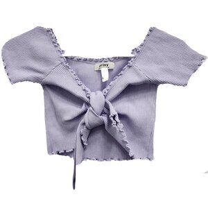Privy Womens Crop Top Size Large Lavender Ribbed Knit Tie Front Lettuce Trim